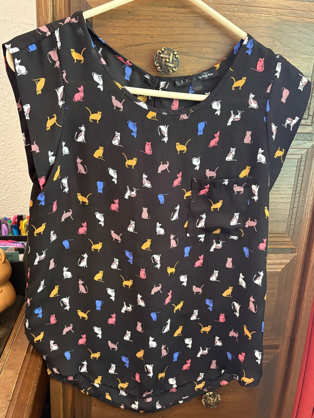 Sweet Rain Black Blouse with Colorful Cat Motif